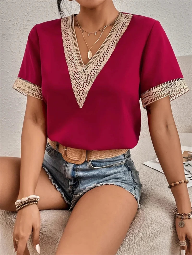 Feminine V-Neck Top with Delicate Lace Trim