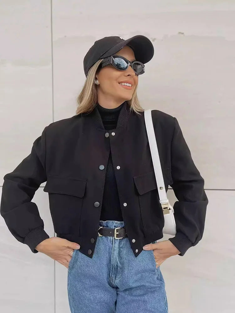 Kyle | Women's Casual Bomber Autumn Jacket with Front Buttons and Flap Pocket