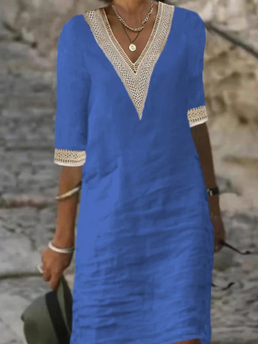 Ladies' Casual V-Neck 3/4 Sleeve Dress - BritishElegance