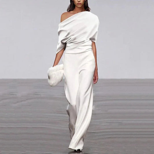 Women's V-Neck Jumpsuit with Gathered Waist Detail - BritishElegance