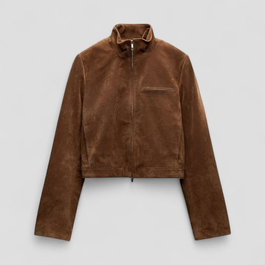 Women’s Cropped Suede Jacket with Mock Neck