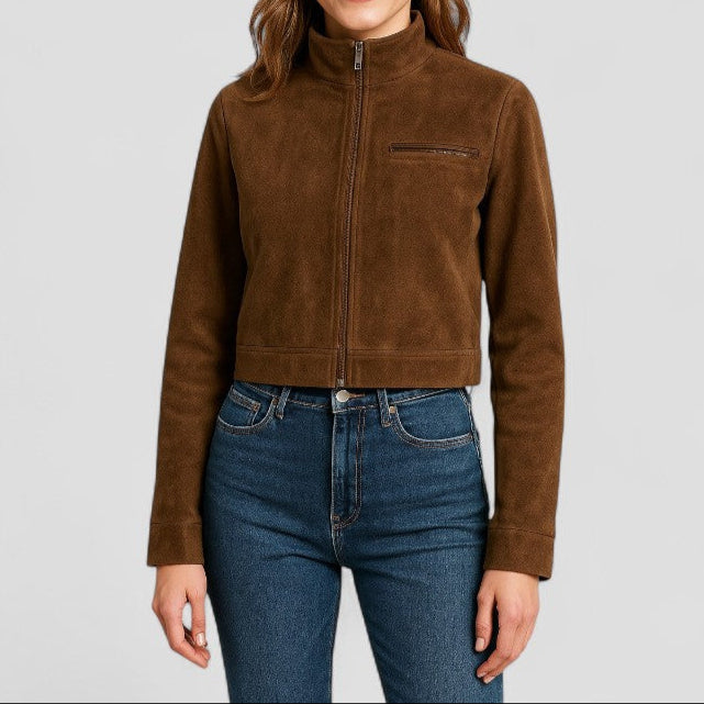 Women’s Cropped Suede Jacket with Mock Neck