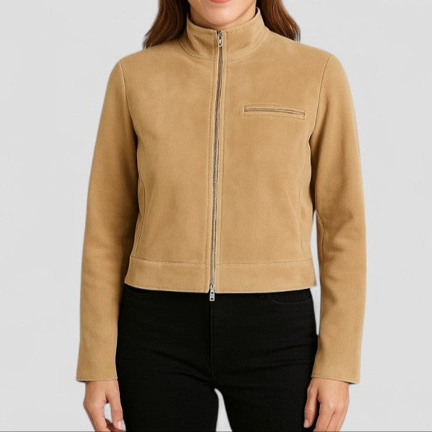Women’s Cropped Suede Jacket with Mock Neck