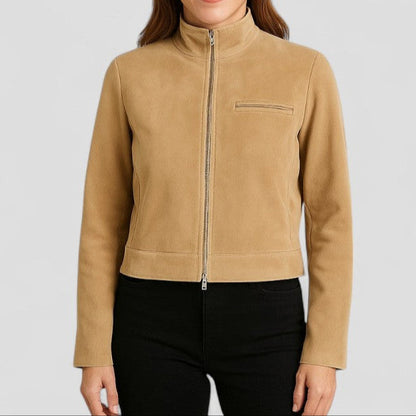 Women’s Cropped Suede Jacket with Mock Neck