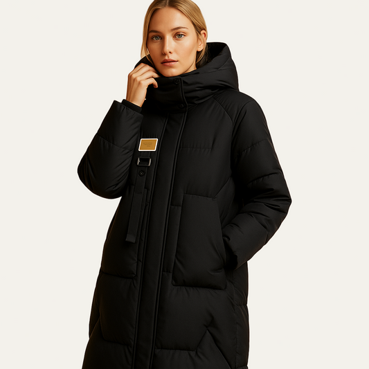 Women’s Long Puffer Coat with Hood and Concealed Front