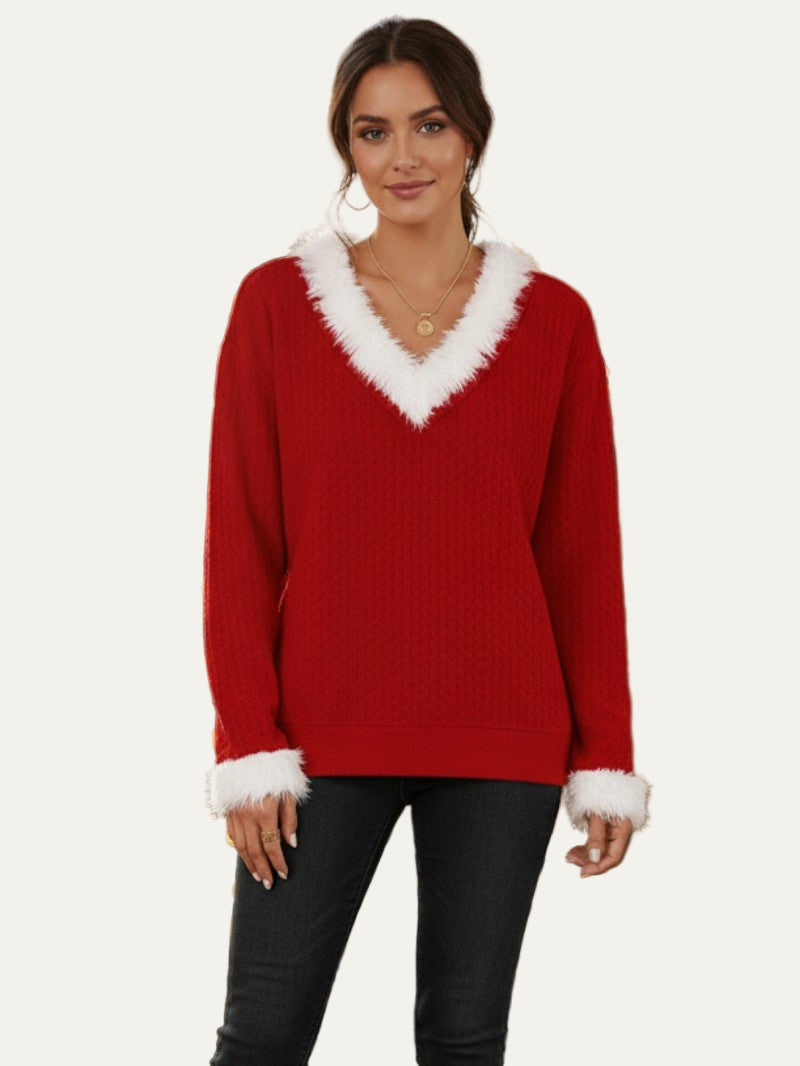 Women’s Faux Fur Trimmed V-Neck Sweater