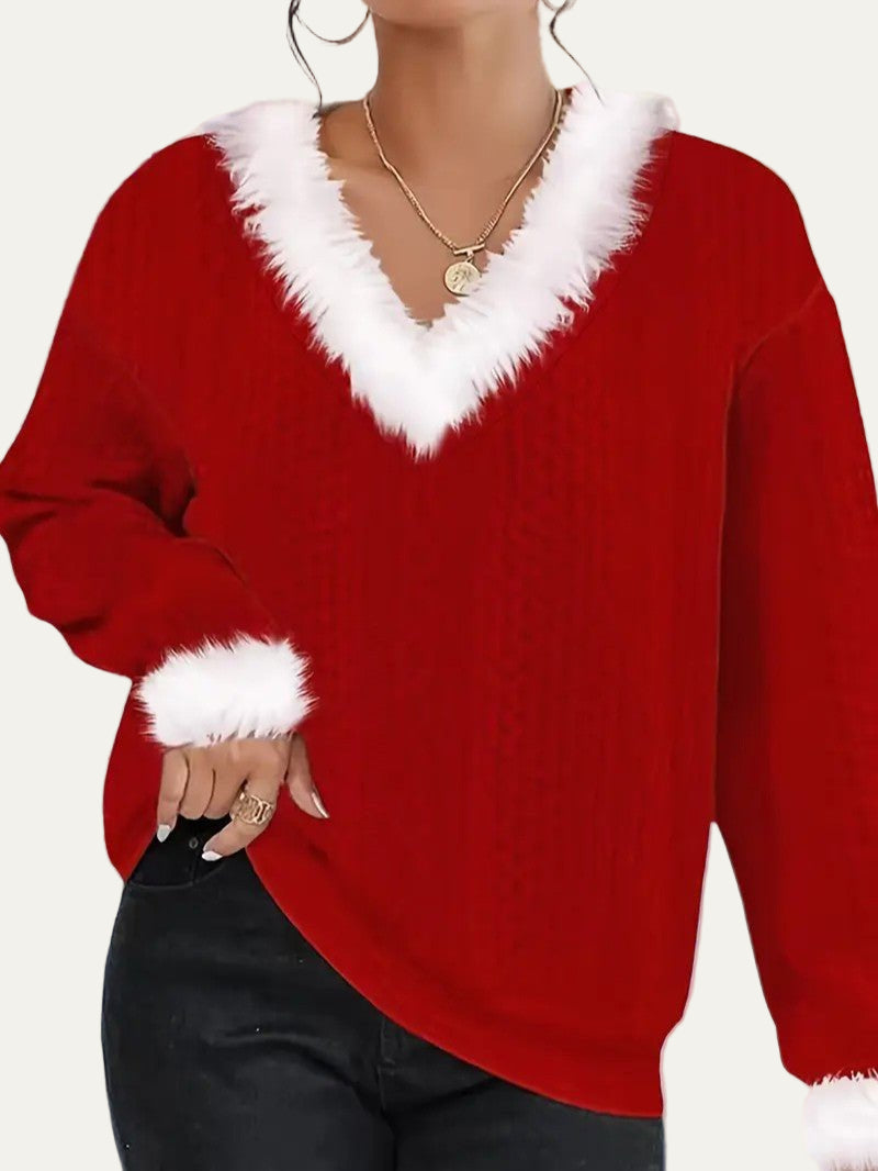 Women’s Faux Fur Trimmed V-Neck Sweater
