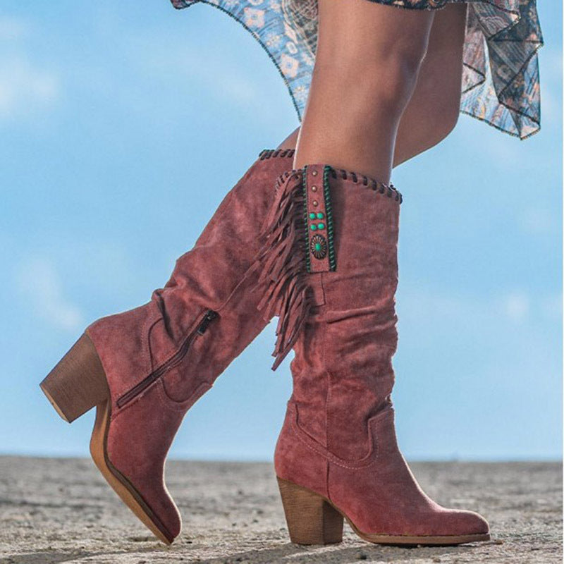 Women's Knee High Faux Suede Boots with Fringe Detail – Stylish Black Long Boots
