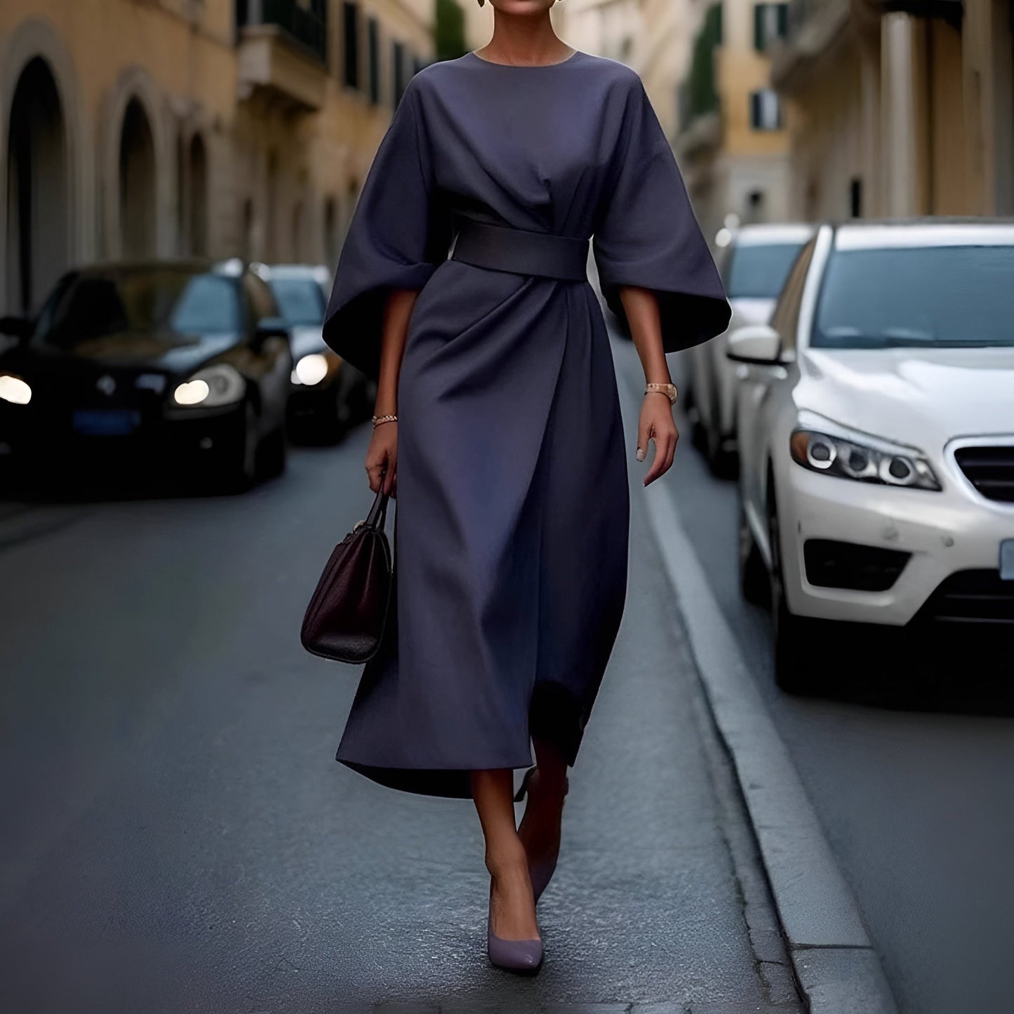 Elegant Waist Belted Midi Dress for Women