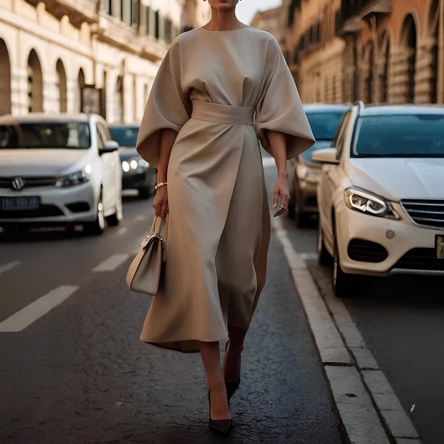 Elegant Waist Belted Midi Dress for Women