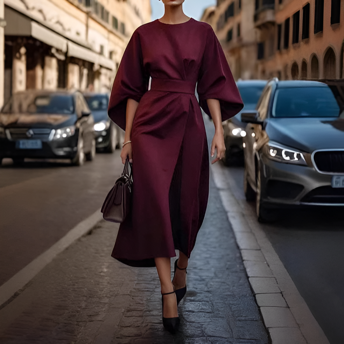 Elegant Waist Belted Midi Dress for Women