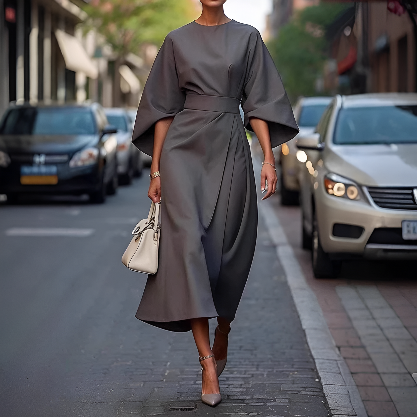 Elegant Waist Belted Midi Dress for Women