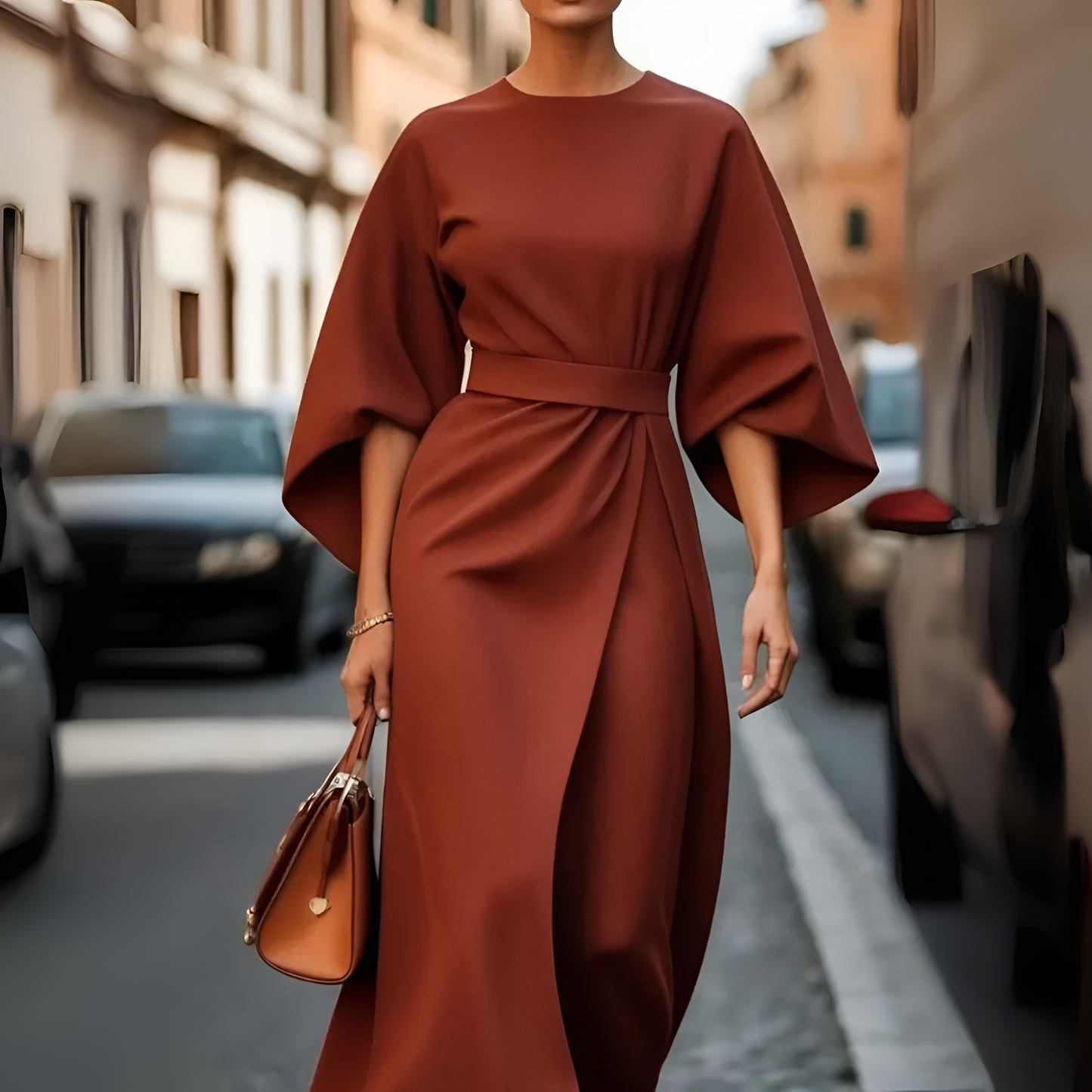 Elegant Waist Belted Midi Dress for Women