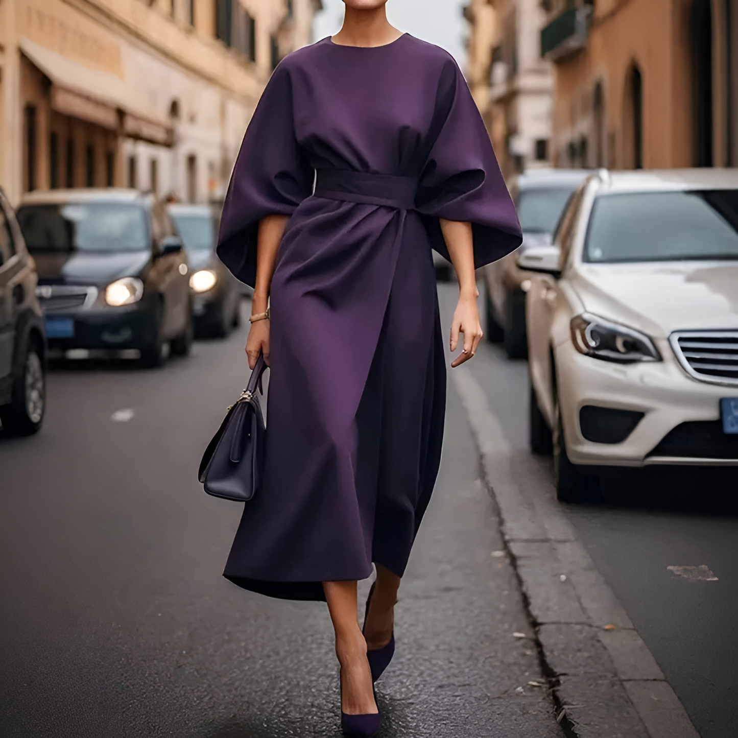 Elegant Waist Belted Midi Dress for Women