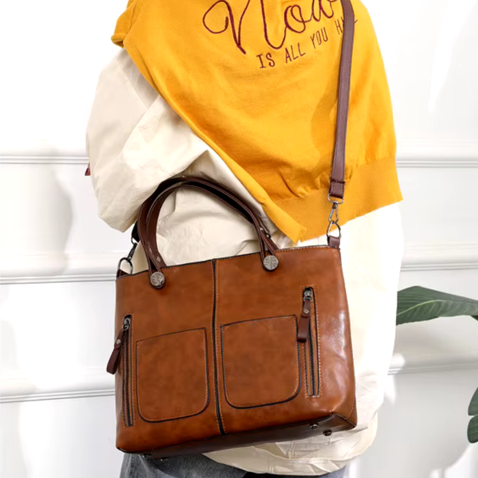 Women’s Leather Handbag Multi-Pocket Shoulder Bag Vintage Style