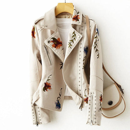Ivy | Women's Embroidered Leather Winter Jacket with Stud Details