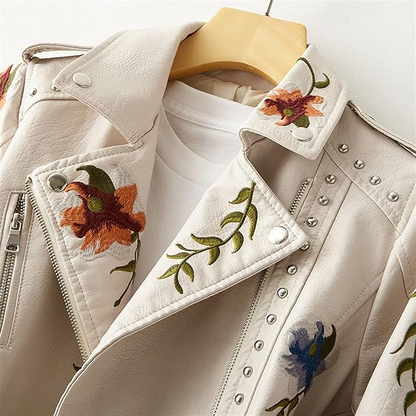Ivy | Women's Embroidered Leather Winter Jacket with Stud Details