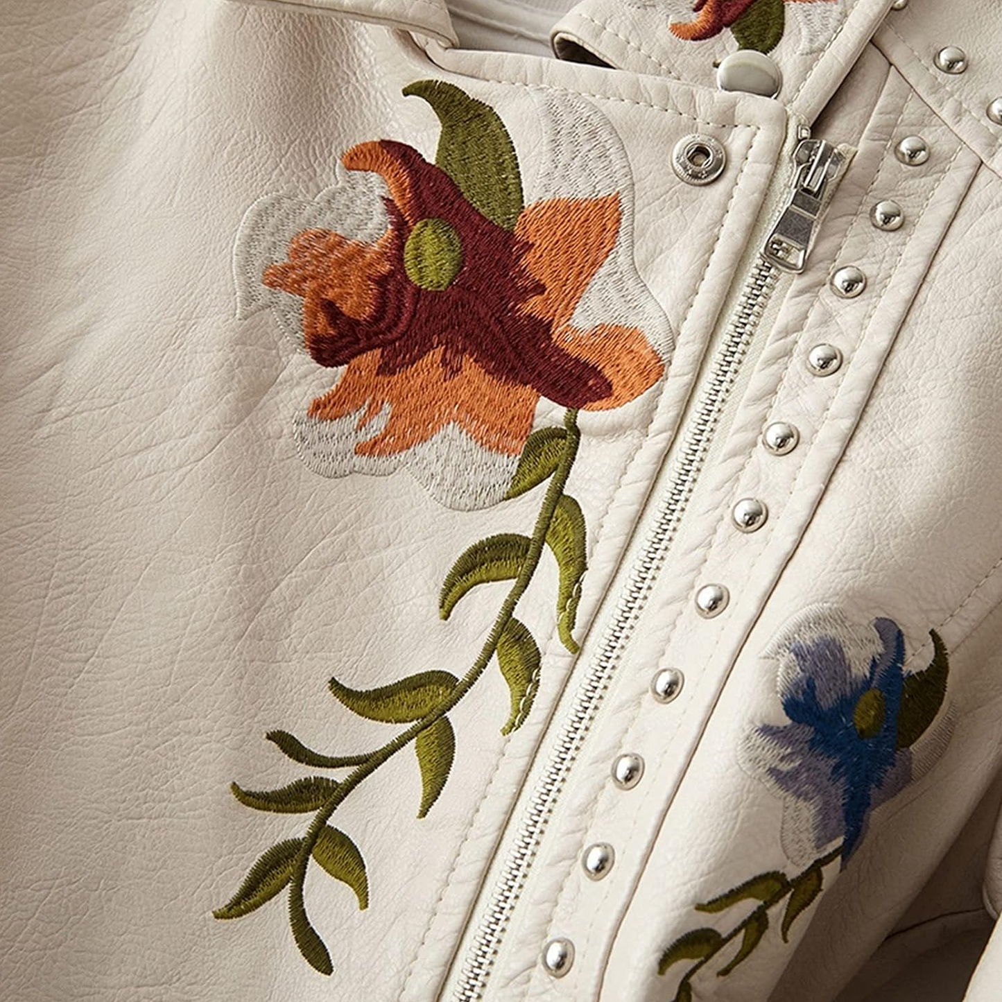 Ivy | Women's Embroidered Leather Winter Jacket with Stud Details