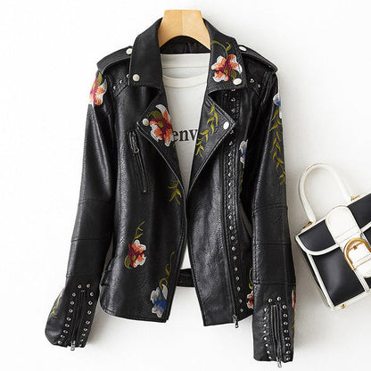 Ivy | Women's Embroidered Leather Winter Jacket with Stud Details