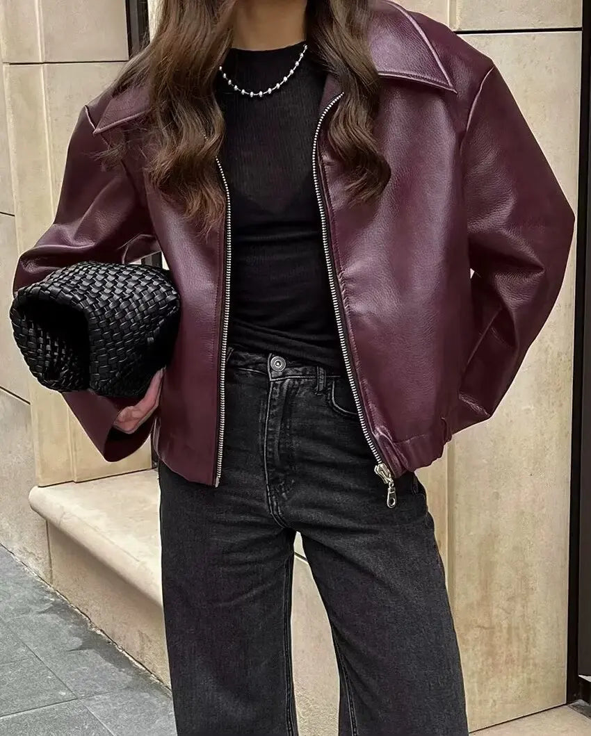 Orana | Women's Leather Autumn Jacket with Zipper Front and Classic Lapel Collar