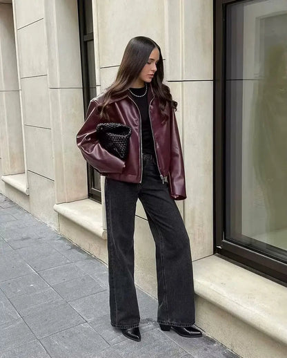 Orana | Women's Leather Autumn Jacket with Zipper Front and Classic Lapel Collar
