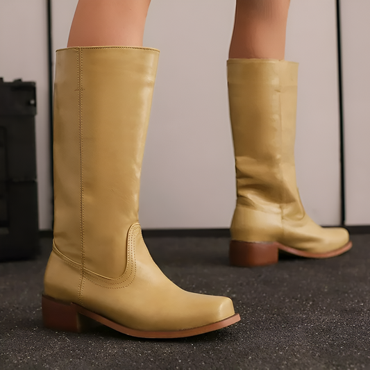 Tall Leather Boots with Block Heel - BritishElegance