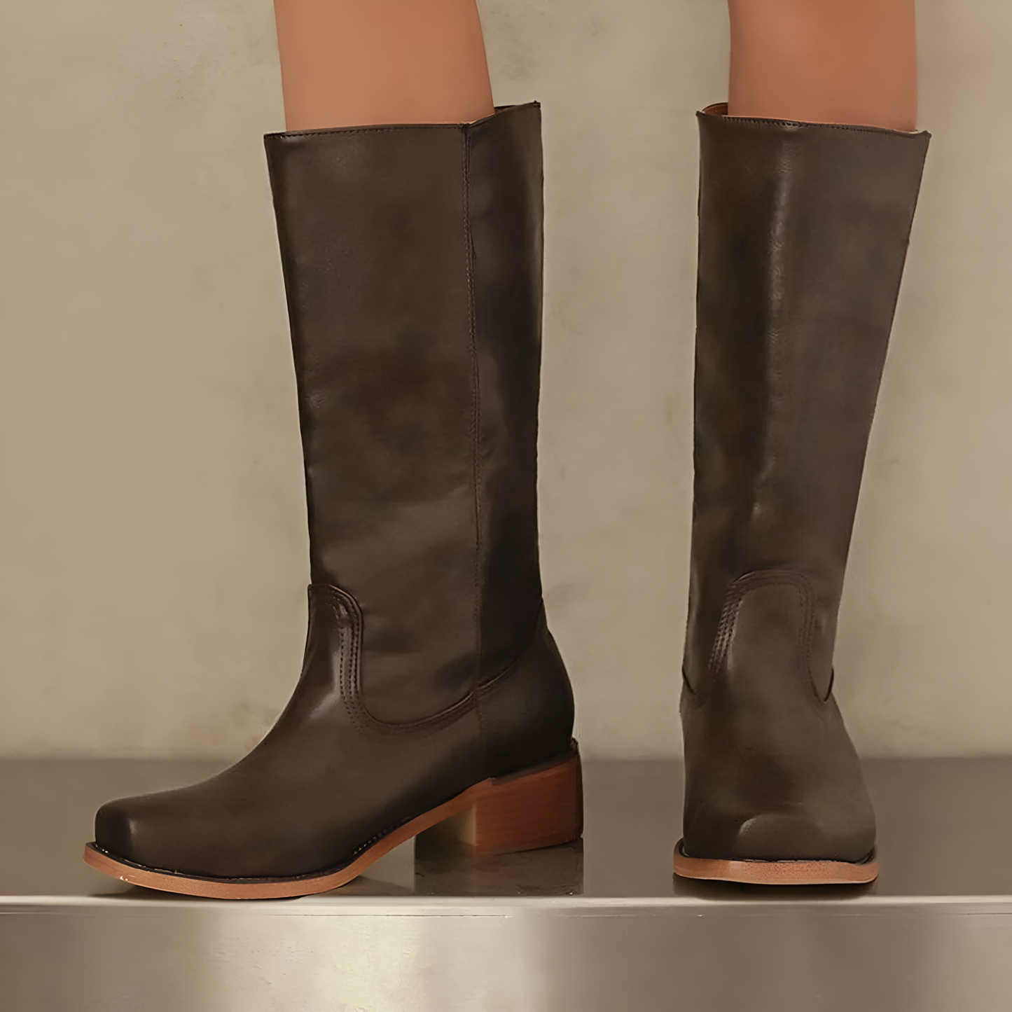 Tall Leather Boots with Block Heel