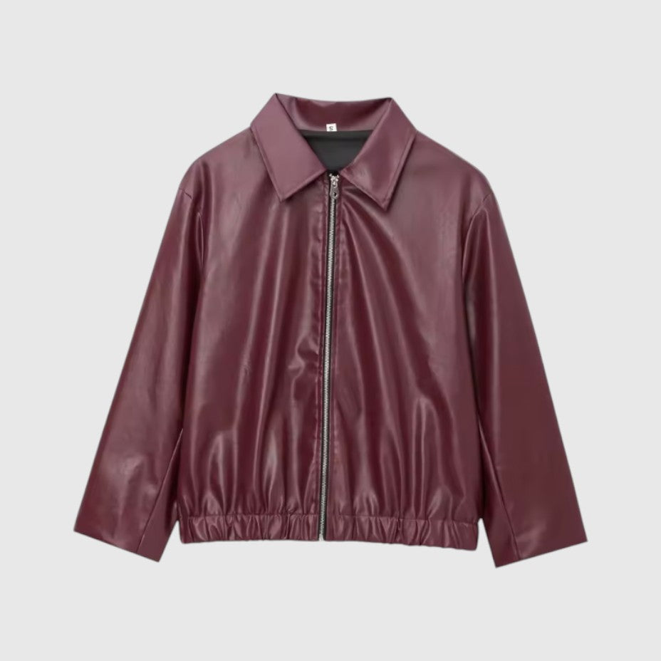 Women's Leather Zip-Up Jacket with Stand Collar