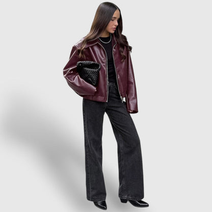 Women's Leather Zip-Up Jacket with Stand Collar