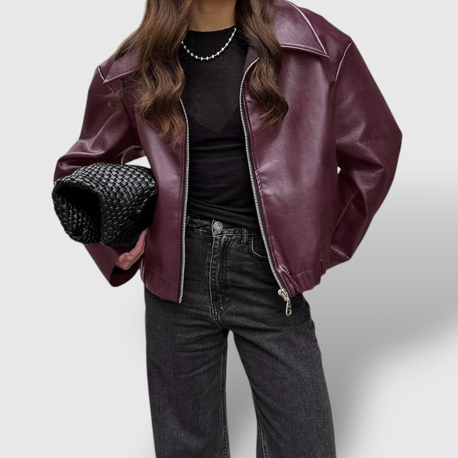 Women's Leather Zip-Up Jacket with Stand Collar