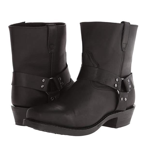 Women's Mid-Cut Black Biker Boots with Harness Detail – Durable and Stylish
