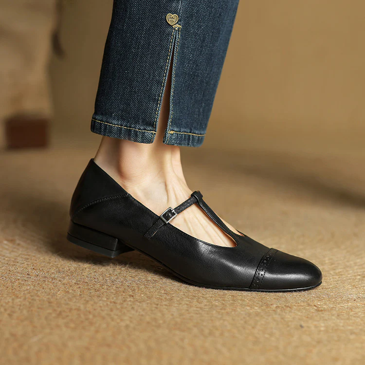 Women’s British Style T-Strap Leather Flats