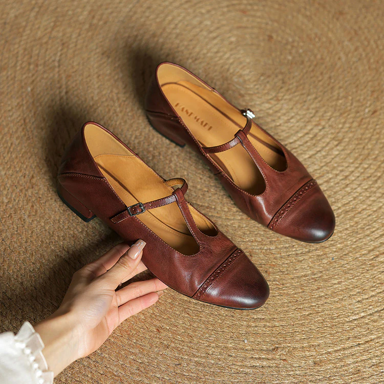 Women’s British Style T-Strap Leather Flats