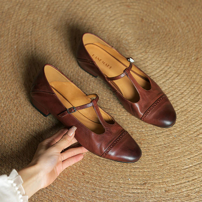 Women’s British Style T-Strap Leather Flats
