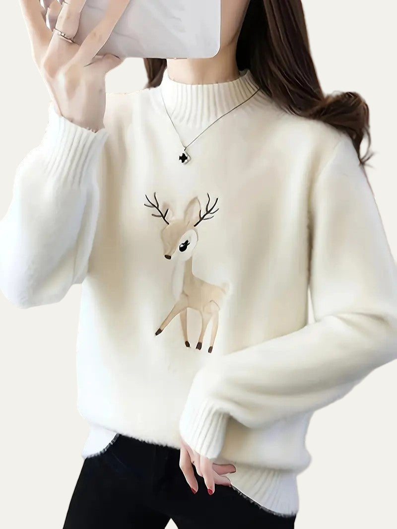 Women’s Fuzzy Deer Embroidered Mock Turtleneck