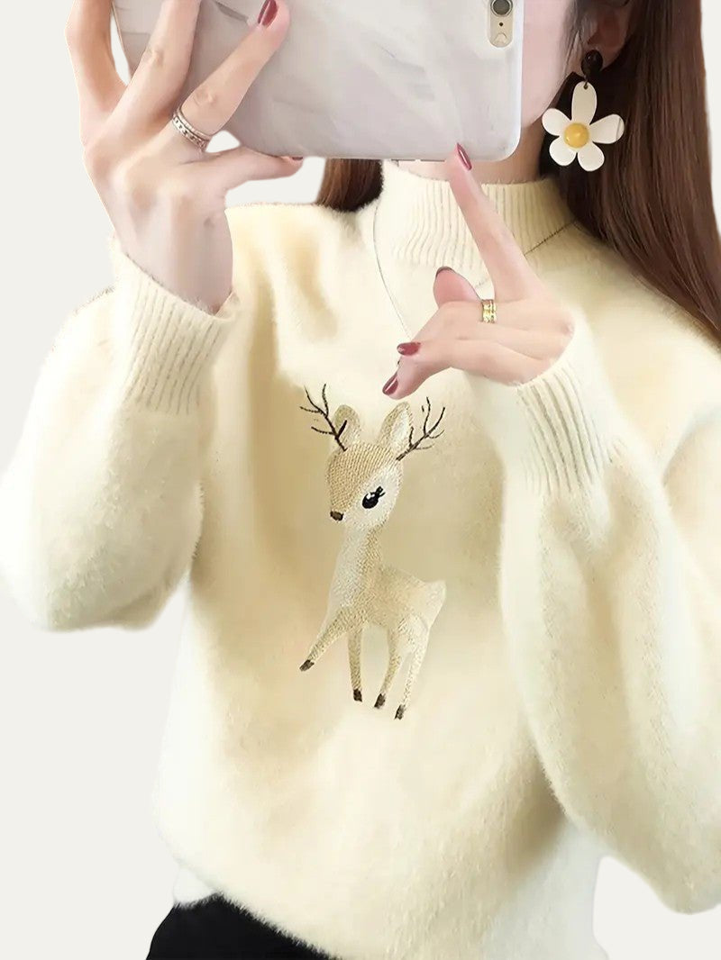 Women’s Fuzzy Deer Embroidered Mock Turtleneck