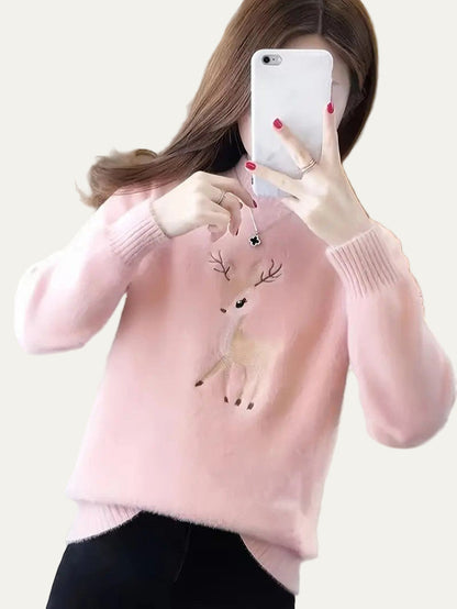 Women’s Fuzzy Deer Embroidered Mock Turtleneck