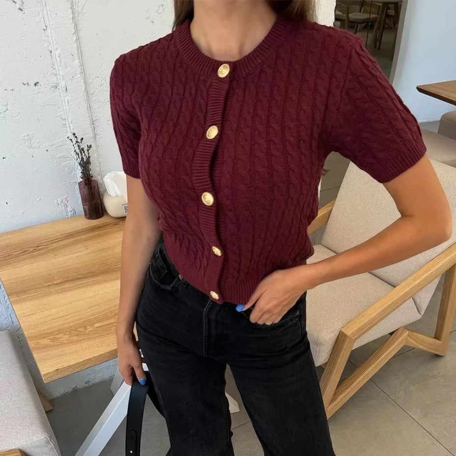 Women's Short Sleeve Knitted Cardigan with Button Closure