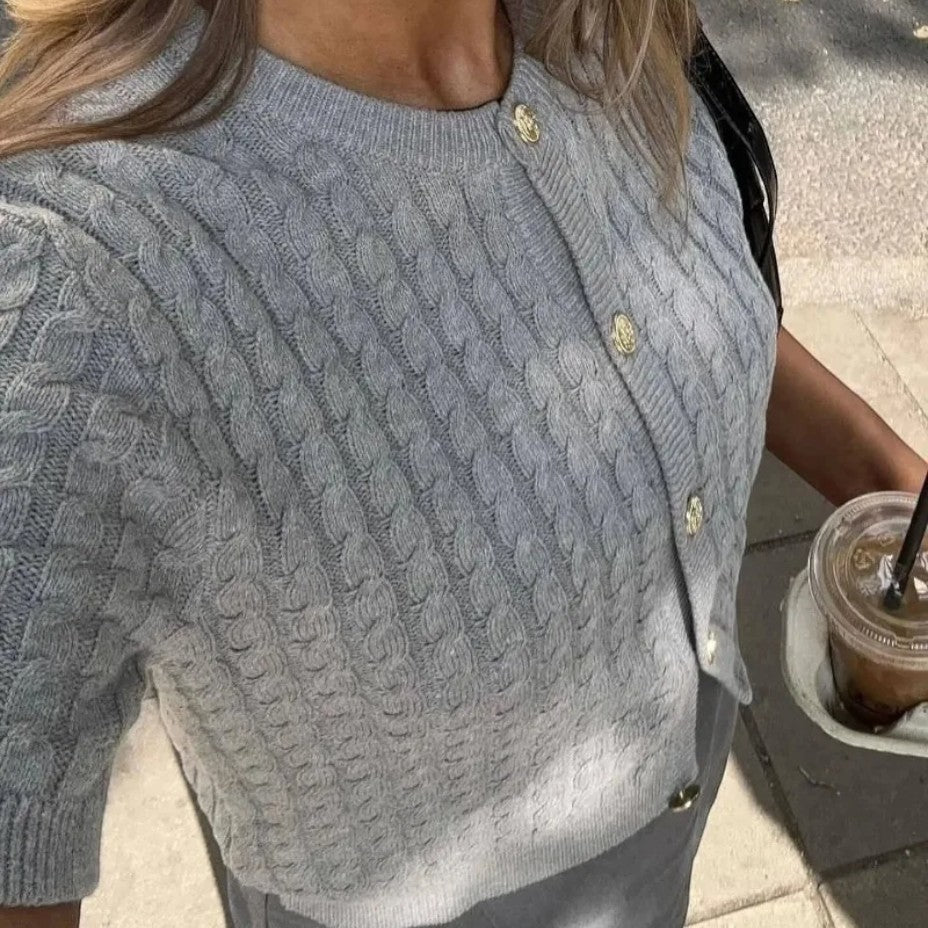 Women's Short Sleeve Knitted Cardigan with Button Closure
