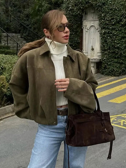 MotoCoat | Women's Vintage Suede Bomber Jacket – Casual Zipper Motorcycle Coat for Autumn