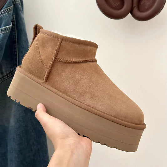 Brown Ultra Mini Boots for Women – Cozy Platform Ankle Booties with Fur Lining
