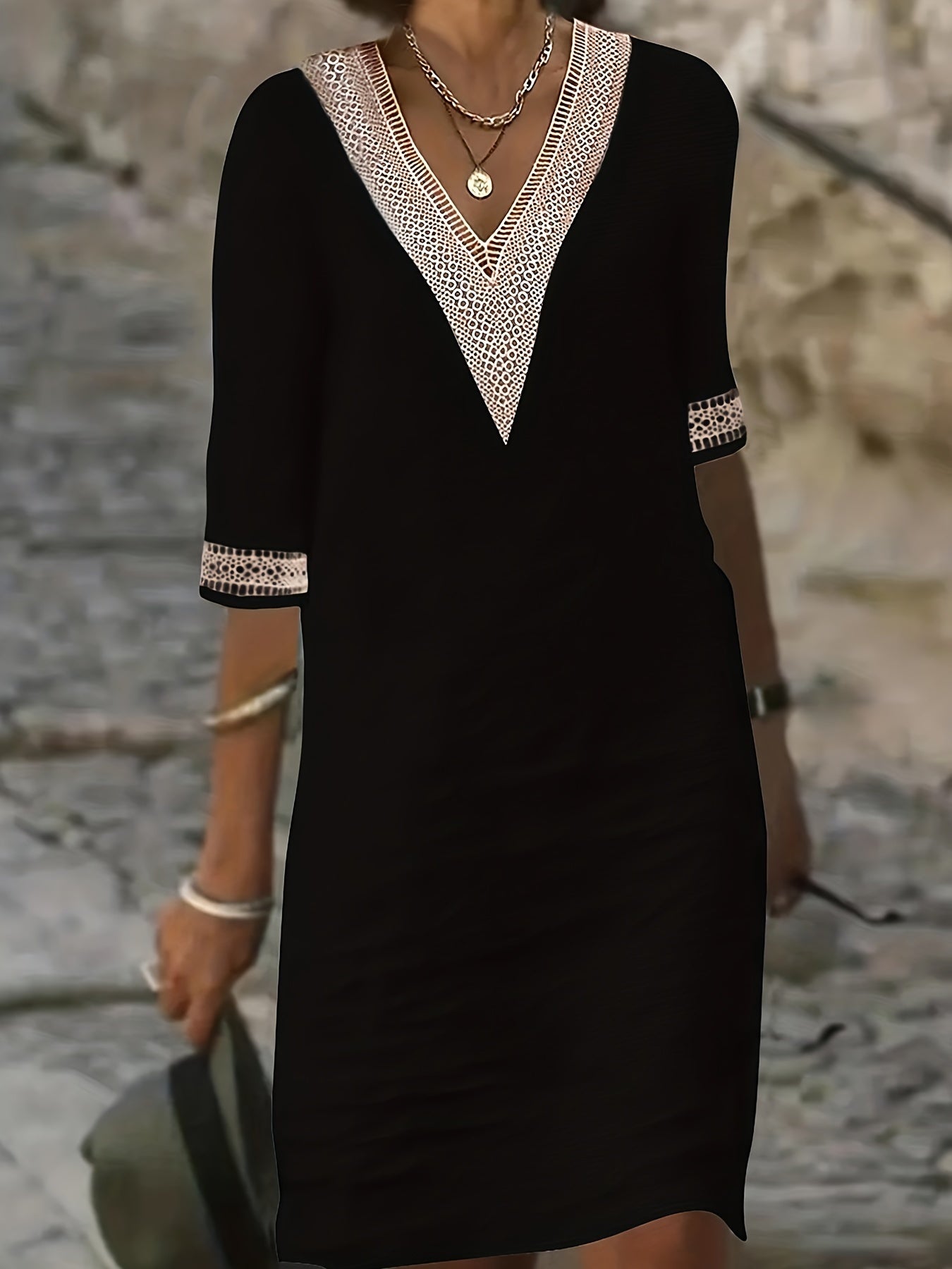 Feminine V Neck Lace Trim Dress - BritishElegance