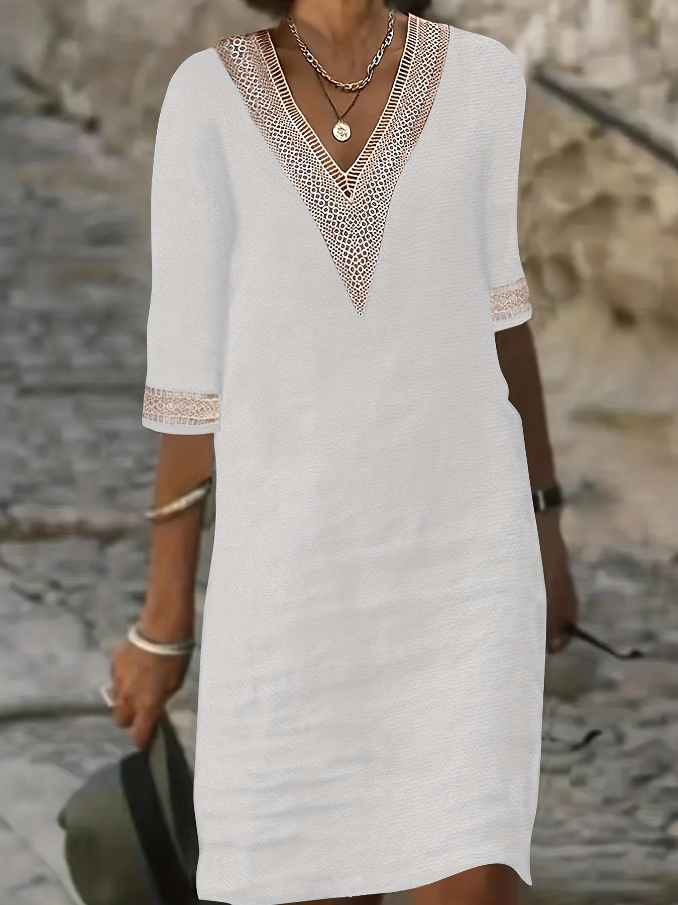 Feminine V Neck Lace Trim Dress