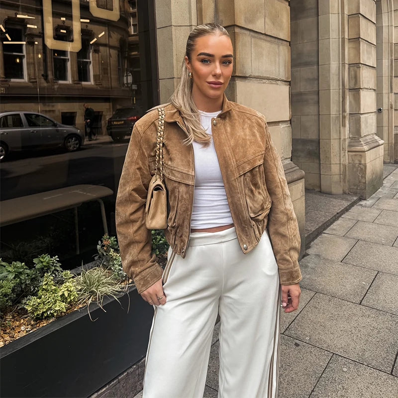 Cara | Women's Vintage Suede Short Jacket – Casual Loose Fit with Zipper Pockets for Spring and Autumn