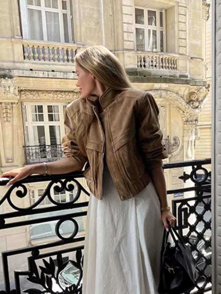 Cara | Women's Vintage Suede Short Jacket – Casual Loose Fit with Zipper Pockets for Spring and Autumn