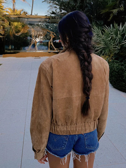 Cara | Women's Vintage Suede Short Jacket – Casual Loose Fit with Zipper Pockets for Spring and Autumn