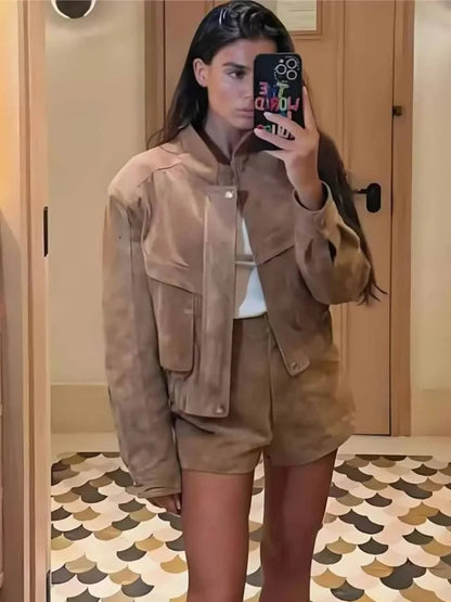 Cara | Women's Vintage Suede Short Jacket – Casual Loose Fit with Zipper Pockets for Spring and Autumn