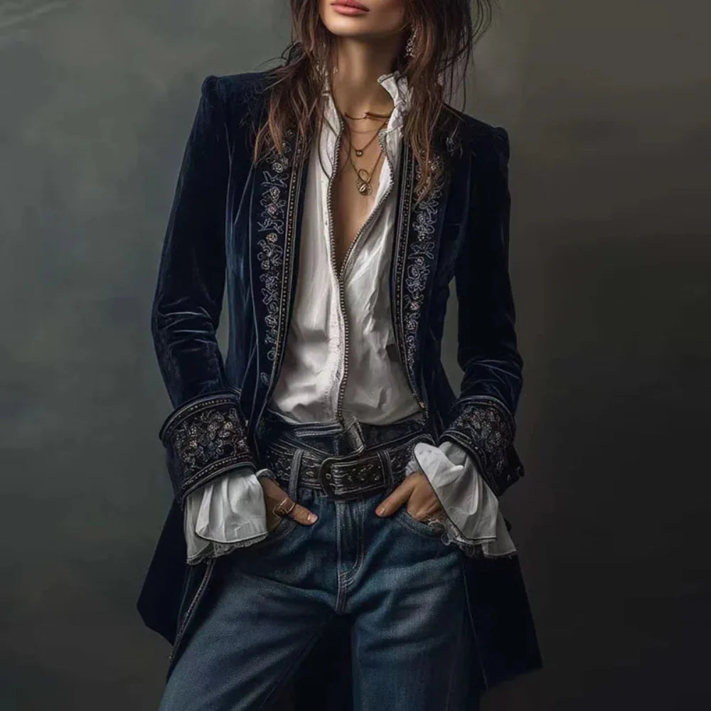 Luxurious Women's Velvet Embellished Long Coat - BritishElegance