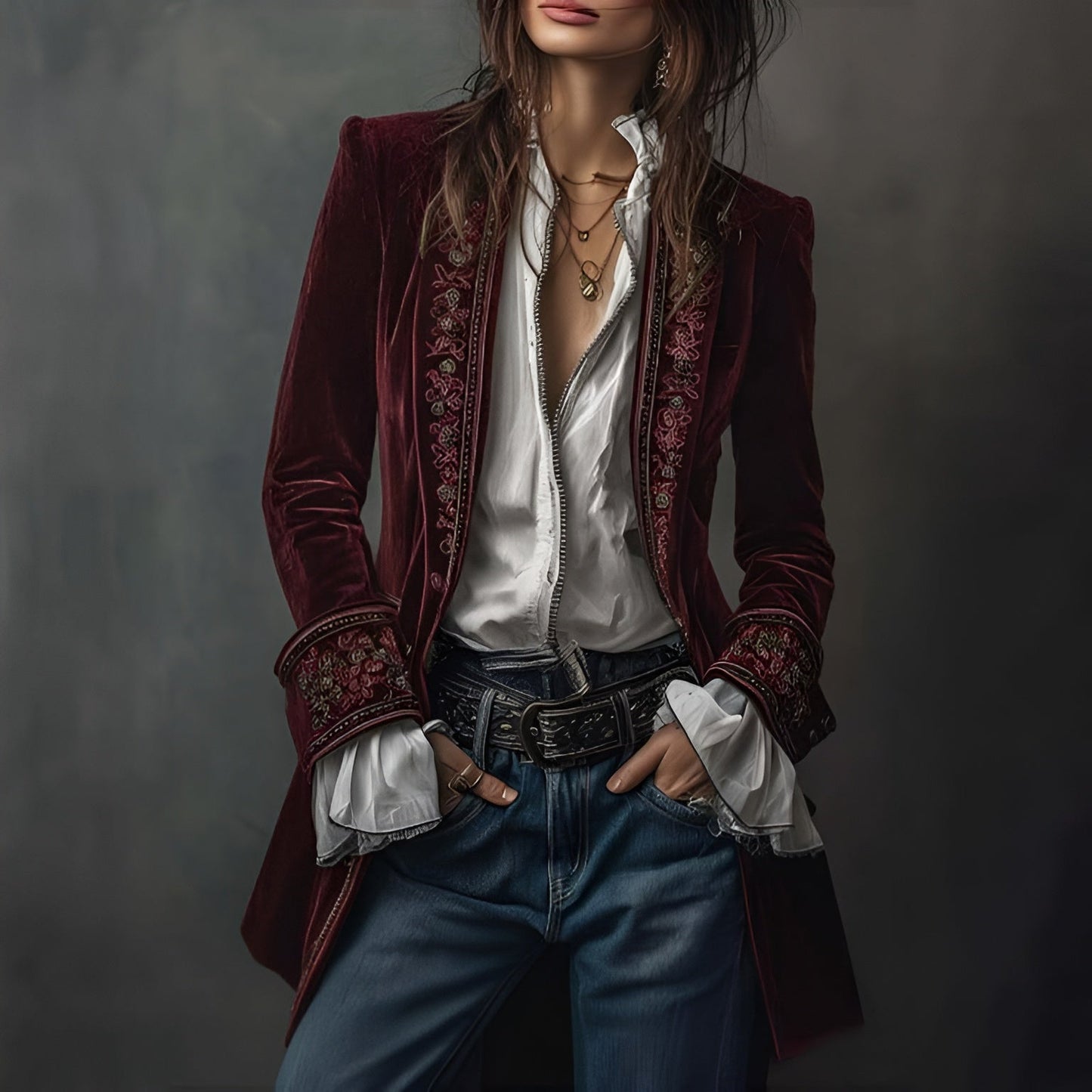 Luxurious Women's Velvet Embellished Long Coat