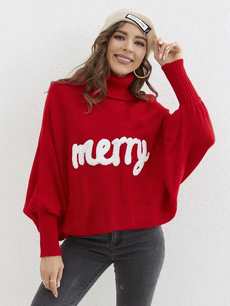 Women’s Merry Lettered Turtleneck Balloon Sleeve Sweater